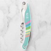 Retro regenboogstrepen Blauwgroen monogram Kurkentrekker (Voorkant)