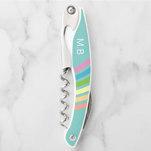 Retro regenboogstrepen Blauwgroen monogram Kurkentrekker (Voorkant)