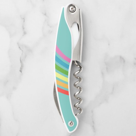 Retro regenboogstrepen Blauwgroen monogram Kurkentrekker (Achterkant)