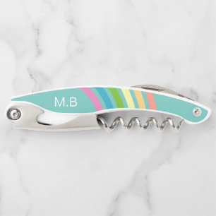 Retro regenboogstrepen Blauwgroen monogram Kurkentrekker