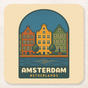 Retro Reis Amsterdam Nederland Retro Landschap Kartonnen Onderzetters
