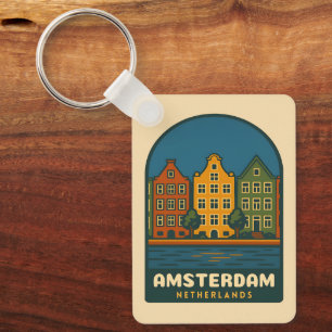 Retro Reis Amsterdam Nederland Retro Landschap Sleutelhanger