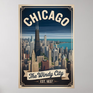 Retro Reis Chicago Illinois Winderige Stad Poster