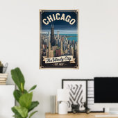 Retro Reis Chicago Illinois Winderige Stad Poster (Thuiskantoor)