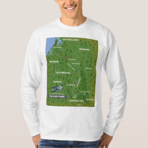 Retro reis kaart van de rivier de Rijn. Houten wan T-shirt
