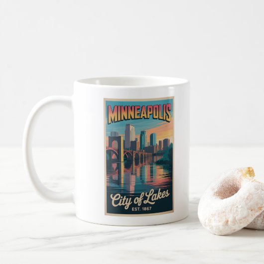 Retro Reisposter van Minneapolis Minnesota Koffiemok (Met donut)