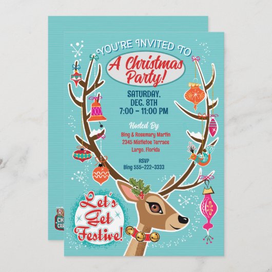 Retro rendieren Kerstfeest uitnodiging (Voorkant / Achterkant)