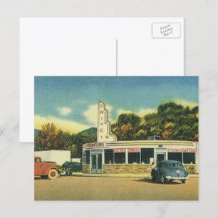 Retro restaurant, 50s Drive In diner en auto's Briefkaart