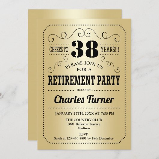 Retro Retirement Party - Gold Black Kaart (Voorkant / Achterkant)