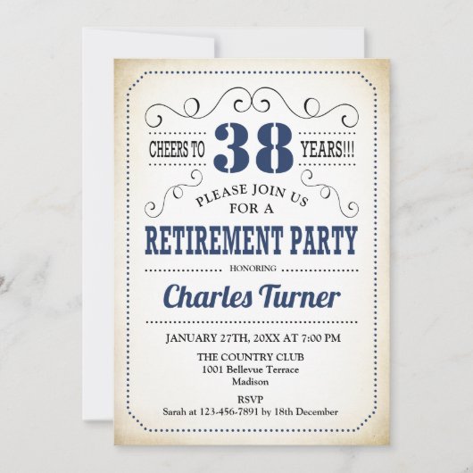 Retro Retirement Party - Navy Blue Cream White Kaart (Voorkant)