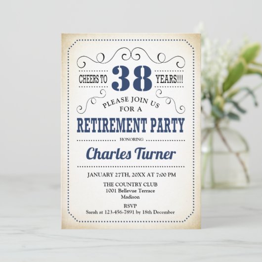 Retro Retirement Party - Navy Blue Cream White Kaart (Staand voorkant)