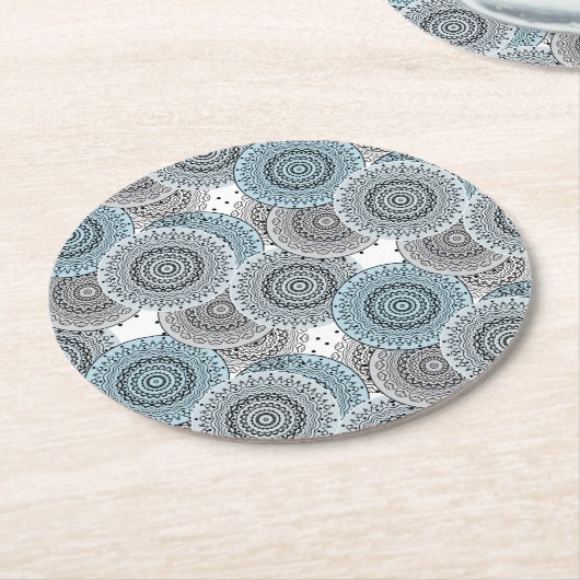 Retro, retropatroon, blauw en grijs, elegant ronde kartonnen onderzetter (Gebogen)