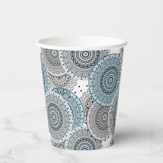 Retro, retropatroon, blauw en grijs, elegantbad papieren bekers (Achterkant)