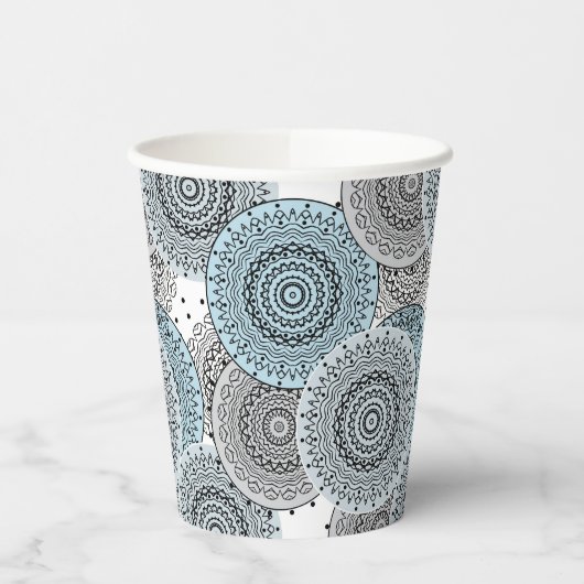 Retro, retropatroon, blauw en grijs, elegantbad papieren bekers (Links)