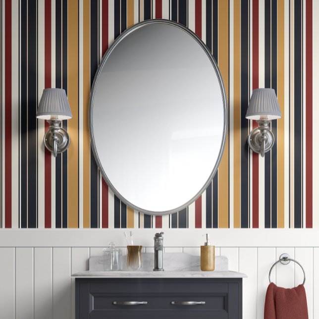 Retro Revival Stripes Rood, Goud, Marine Mid-Centu Behang (Retro Stripes Revival Peel and Stick Wallpaper)