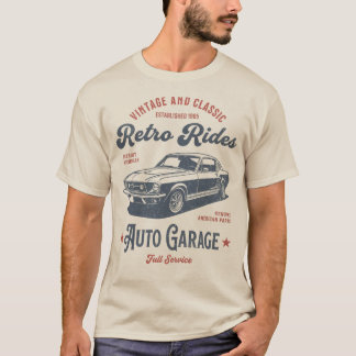 Retro Rides Auto Garage – Vintage Muscle Car Kunst T-shirt