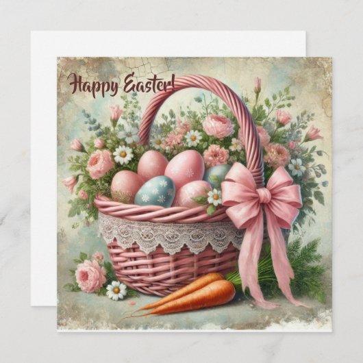 Retro rieten mand met kanten rand en pastelkleuren feestdagenkaart (Voorkant / Achterkant)