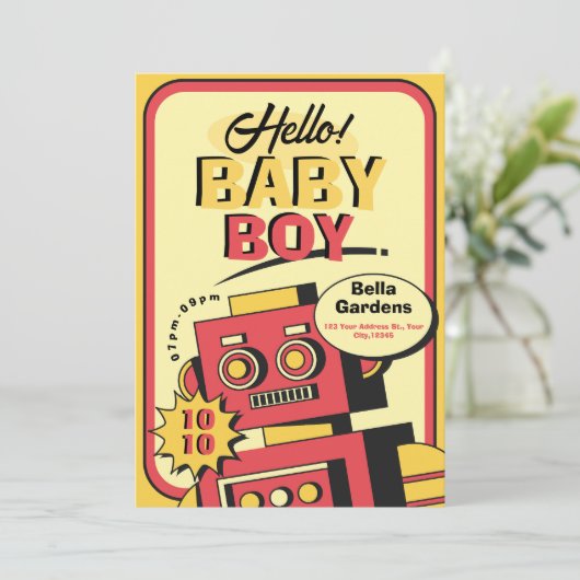 Retro Robot Baby shower uitnodiging (Staand voorkant)
