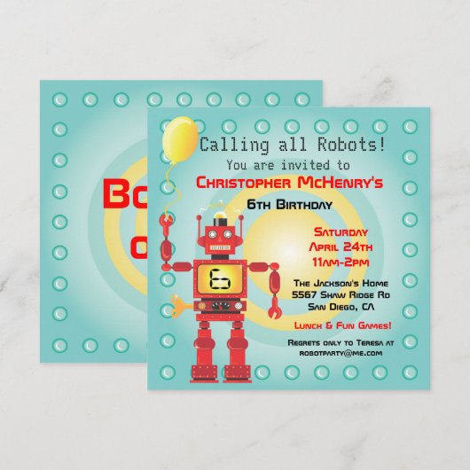 Retro Robot Birthday Party Kaart (Voorkant / Achterkant)