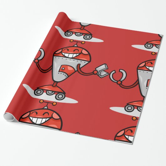 Retro Robot Cartoon Fun Red en Silver AI Bot Cadeaupapier (Uitgerold)