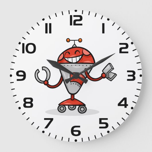 Retro Robot Cartoon Fun Red en Silver AI Bot Grote Klok (Voorkant)