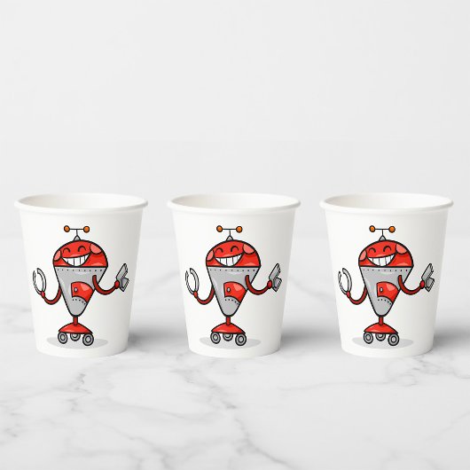 Retro Robot Cartoon Fun Red en Silver AI Bot Papieren Bekers