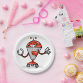 Retro Robot Cartoon Fun Red en Silver AI Bot Papieren Bordje (Feest)