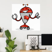 Retro Robot Cartoon Fun Red en Silver AI Bot Poster (Thuiskantoor)