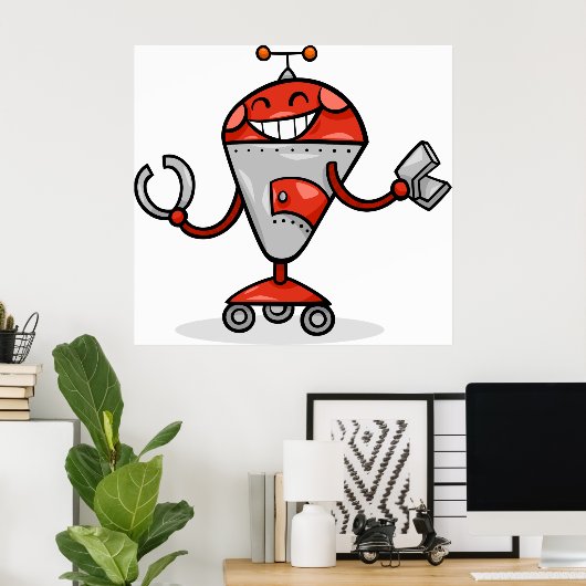 Retro Robot Cartoon Fun Red en Silver AI Bot Poster (Thuiskantoor)