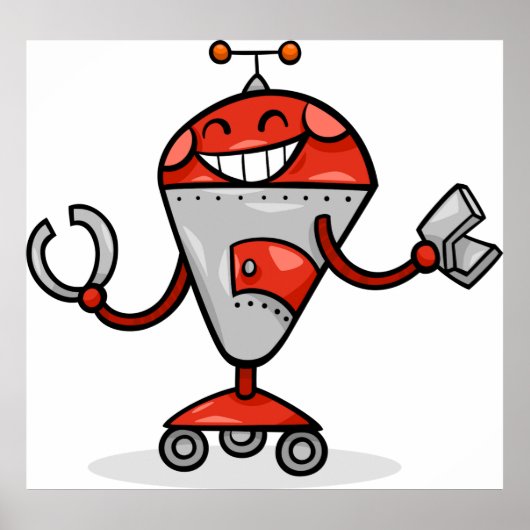 Retro Robot Cartoon Fun Red en Silver AI Bot Poster (Voorkant)