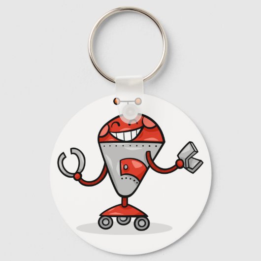 Retro Robot Cartoon Fun Red en Silver AI Bot Sleutelhanger (Voorkant)