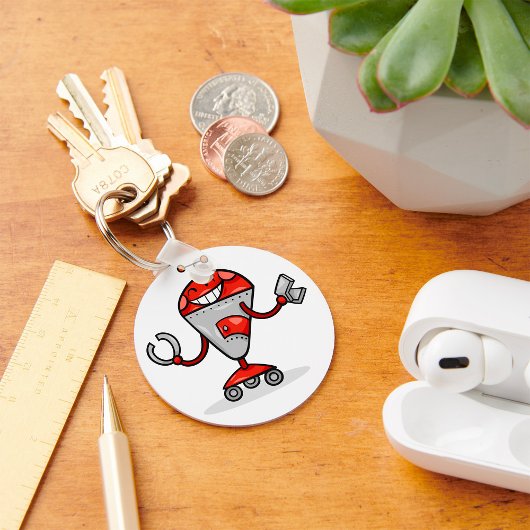 Retro Robot Cartoon Fun Red en Silver AI Bot Sleutelhanger