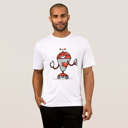 Retro Robot Cartoon Fun Red en Silver AI Bot T-shirt (Voorkant volledig)