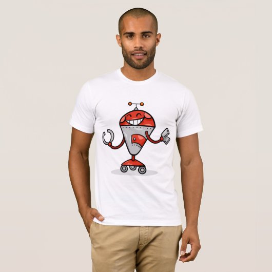 Retro Robot Cartoon Fun Red en Silver AI Bot T-shirt (Voorkant volledig)
