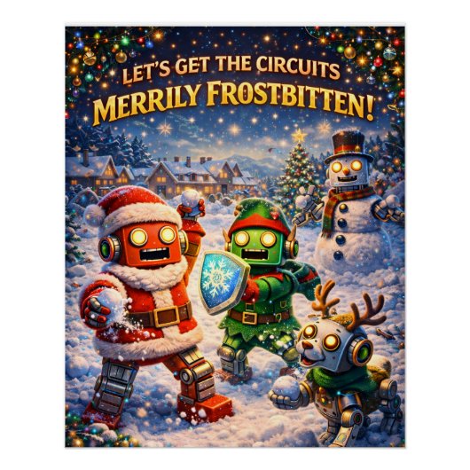 Retro robot Christmas snowball fight greeting Perfect Poster (Voorkant)