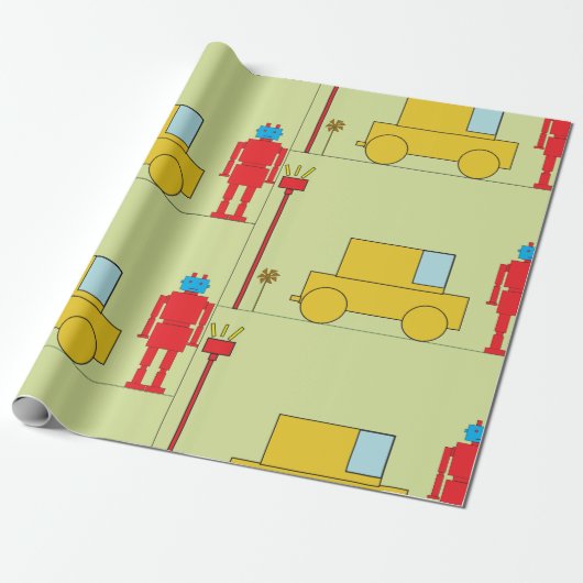 Retro robot en auto cadeaupapier (Uitgerold)