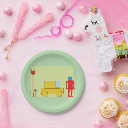 Retro robot en auto papieren bordje (Feest)