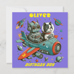 retro robot en kat in de ruimte