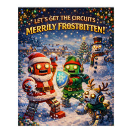 Retro robot Kerst sneeuwbalgevecht groet Perfect Poster