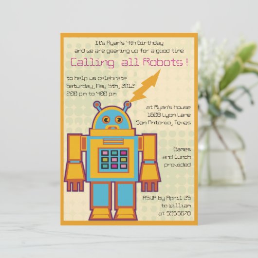 Retro Robot - kinderen verjaardagsuitnodiging -2 Kaart (Staand voorkant)