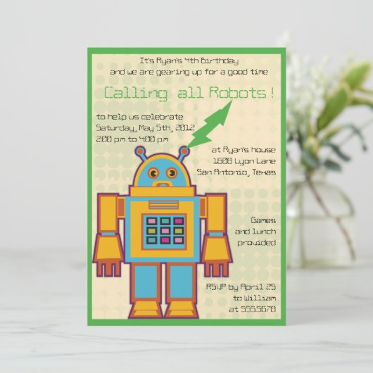 Retro Robot - kinderen verjaardagsuitnodiging -3 Kaart (Staand voorkant)