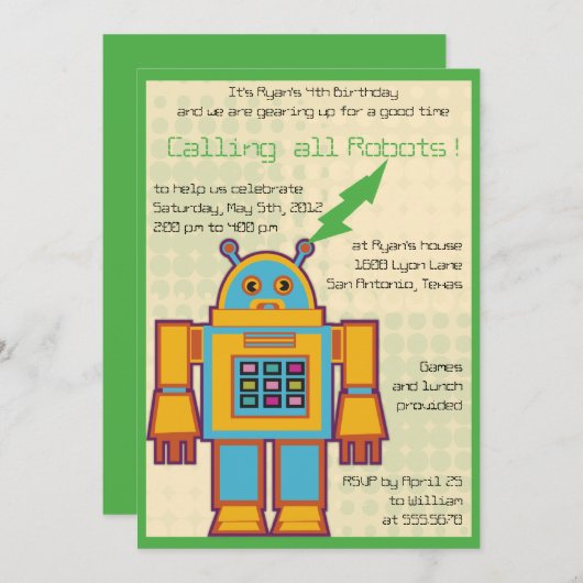 Retro Robot - kinderen verjaardagsuitnodiging -3 Kaart (Voorkant / Achterkant)