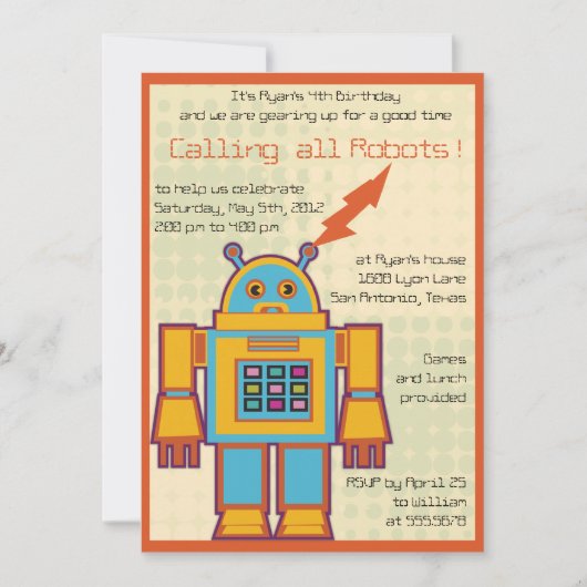 Retro Robot - kinderen verjaardagsuitnodiging -4 Kaart (Voorkant)