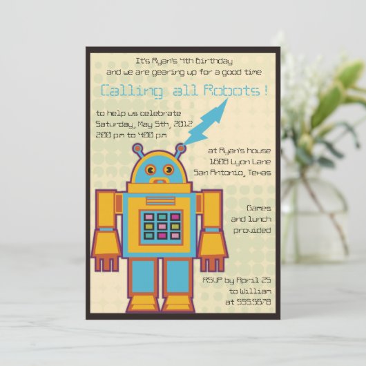 Retro Robot - kinderen verjaardagsuitnodiging -6 Kaart (Staand voorkant)