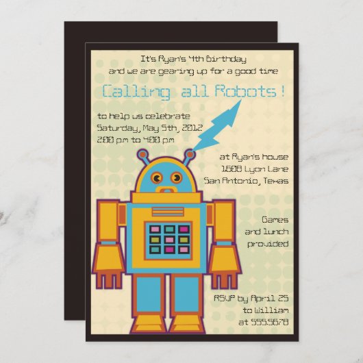 Retro Robot - kinderen verjaardagsuitnodiging -6 Kaart (Voorkant / Achterkant)