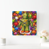 Retro robot kleur burst vierkante muur klok (Huis)
