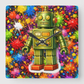 Retro robot kleur burst vierkante muur klok (Voorkant)