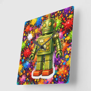 Retro robot kleur burst vierkante muur klok