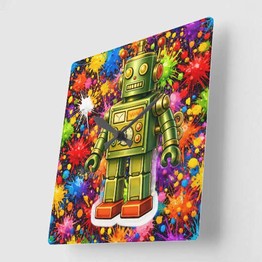 Retro robot kleur burst vierkante muur klok (Hoek)