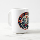 Retro robot koppel badge koffiemok (Voorkant links)